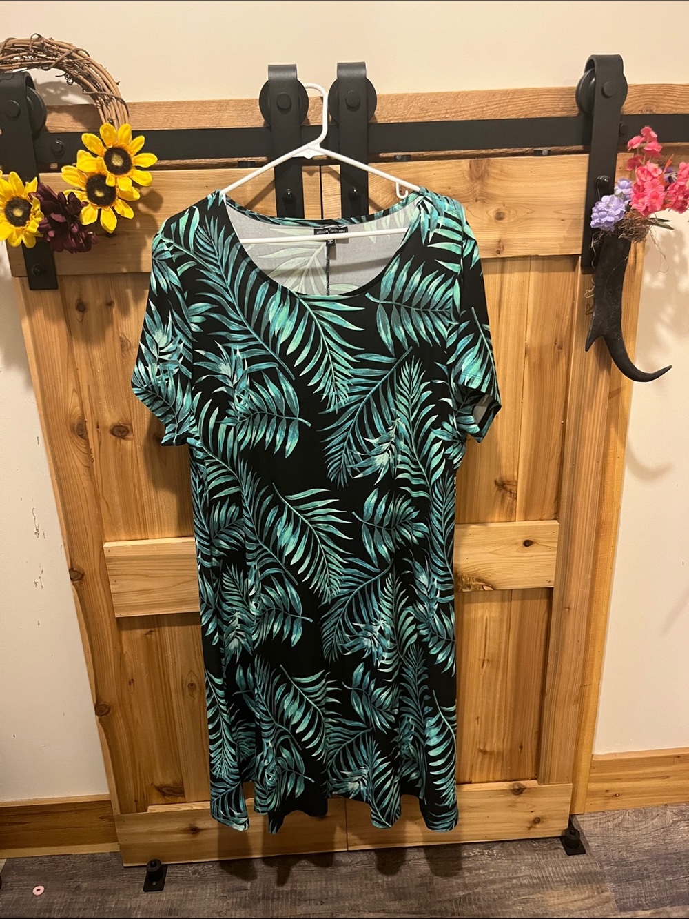 Allison Brittney Black Dress with Teal Palm Leaf Print